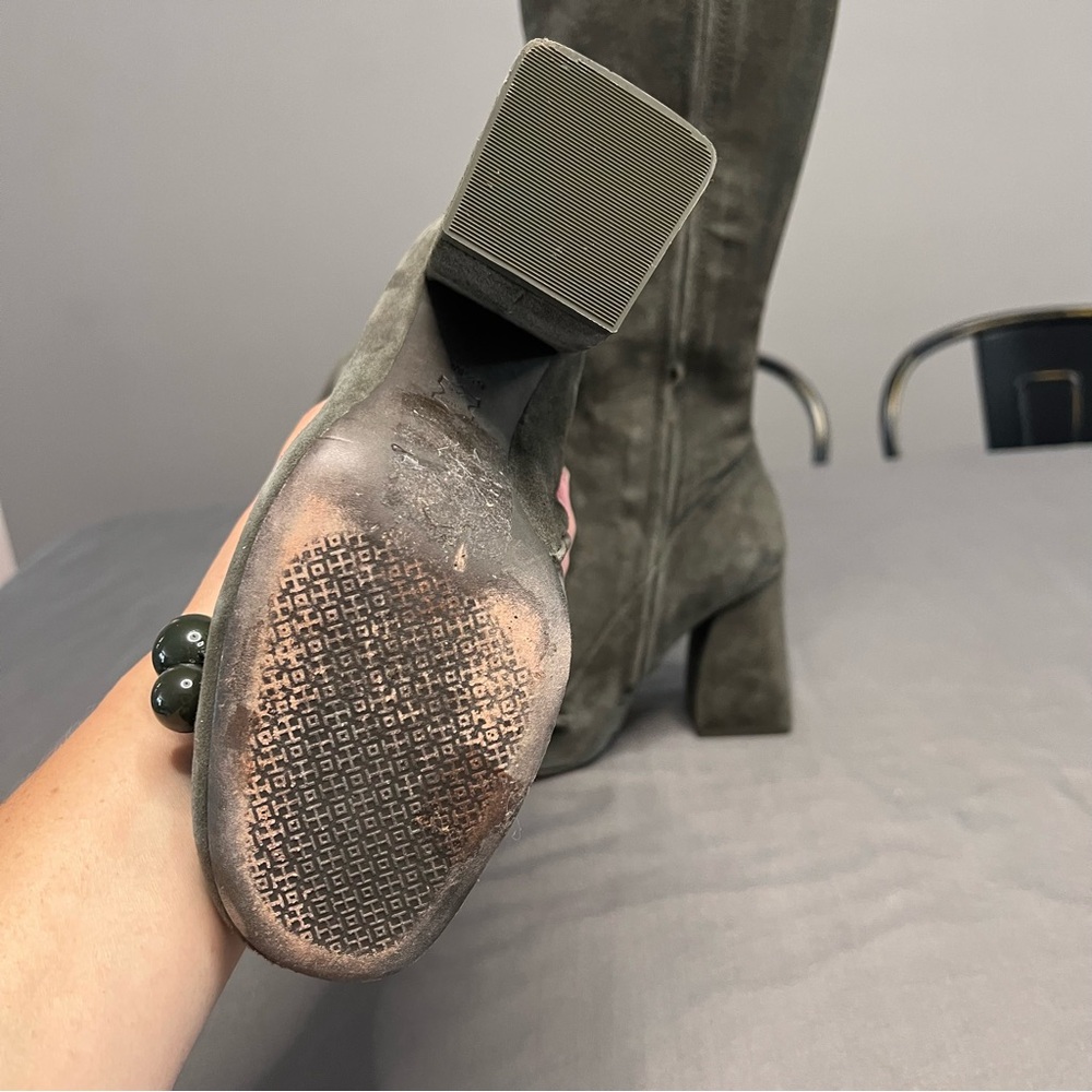 Women's Knee-High Suede Block Heel Boots in Dark Olive - Picture 10 of 15